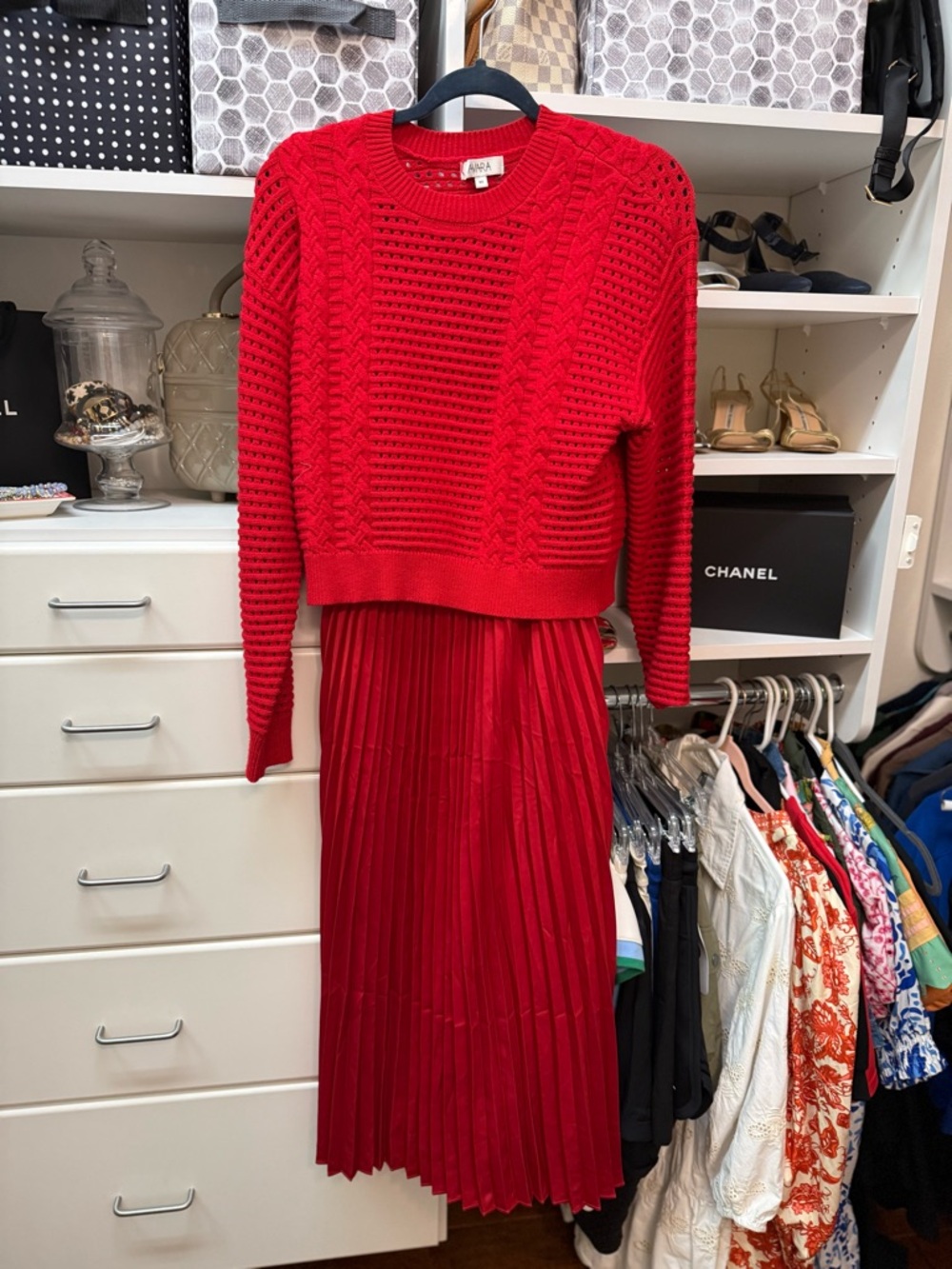 Red Knit Sweater with Red Pleated Midi Dress